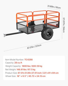 VEVOR 28 Cu.Ft 1800Lbs Steel ATV UTV Trailer Tow Behind Dump Cart, Heavy Duty Pull Behind Utility Dump Trailer for Lawn Mower Trailer Tractor Garden Yard with Removable Rear Panel