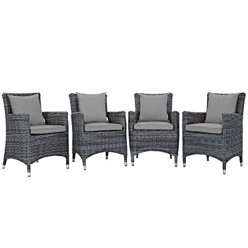 Modern Contemporary Outdoor Patio Side Dining Chair, Set of Four, Rattan, Grey Gray