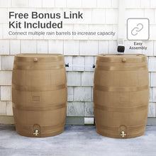 RTS Home Accents 50-Gallon Rain Barrel, Flat Back Rain Water Collection Barrel, Link Kit Included, Oak Color (2 Pack)