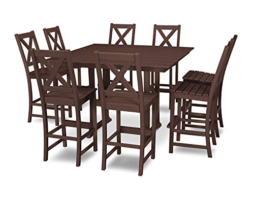 POLYWOOD® Braxton 9-Piece Farmhouse Trestle Bar Set in Mahogany