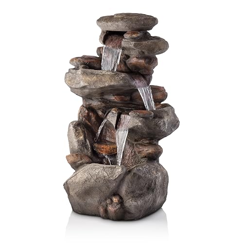Alpine Corporation | 40" 4-Tier Rock Floor Fountain with Cascading Water & White LED Lights, Tranquil Outdoor Water Feature for Garden, Patio, Yard & Deck, Light Gray