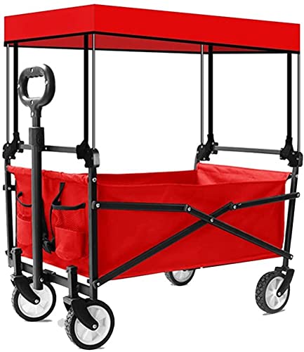 Outdoor Folding Utility Wagon Heavy-Duty Foldable All-Terrain Wagon Outdoor Utility Garden Shopping Cart with Romovable Canopy Load-Bearing 60kg / 132lbs for Beach Fishing