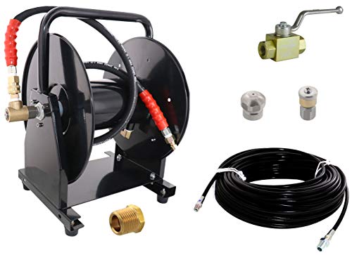 Scheiffer Sewer Jetting Kit - Ball Valve Hose Reel 1/8" x 150' Sewer Jetting Hose Button Nose and Rotating Nozzles