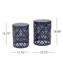 Kemo Outdoor End Table Set of 2, Round Top, Cutout Design, Navy Blue