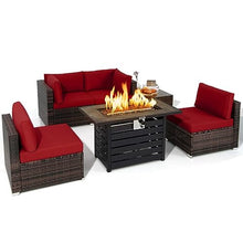 6PCS Patio Rattan Furniture Set 42" Fire Pit Table Cover Sofa Cushion Red