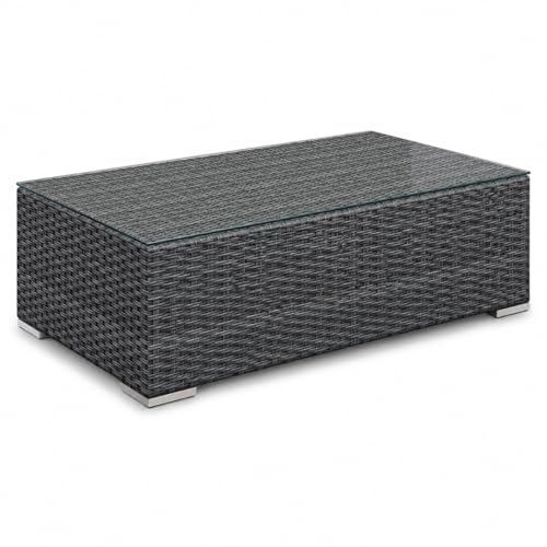 Golden Flame Long Outdoor Coffee Table, Rectangular Patio Wicker Coffee Table with Tempered Glass Top, HDPE Resin Wicker, Aluminum Frame, Brushed Aluminum Feet, Textured Slate