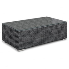 Golden Flame Long Outdoor Coffee Table, Rectangular Patio Wicker Coffee Table with Tempered Glass Top, HDPE Resin Wicker, Aluminum Frame, Brushed Aluminum Feet, Textured Slate