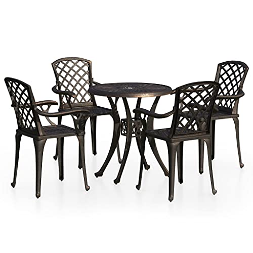 KUPTYERFG 5 Piece Cast Aluminum Patio Bistro Set, Bronze Outdoor Dining Table and 4 Chairs Furniture Set with Umbrella Hole for Backyard, Garden, Deck and Balcony