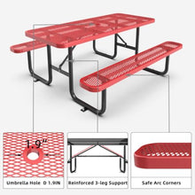 Hassyee Heavy Duty Outdoor Picnic Table and Build-in Benches Set with Mesh Design for Poolside,Garden, Patio Furniture Set with Steel Legs and Umbrella Hole for Park, Balcony (Red 6ft Long Table)