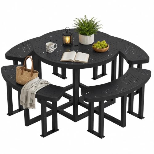 DWVO 38 Inch Round Outdoor Metal Picnic Table with Benches