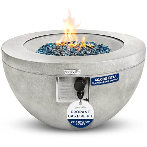SereneLife 40,000 BTU Propane Fire Pit Table, Round Gas Fire Table with Adjustable Flame Height, Weather Resistant, Blue Glass Rocks, Safe and ETL Certified for Outdoor Use, 30" x 30" x 16.9" Inch