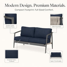 Golden Flame Outdoor Loveseat, 2-Seat Patio Sofa with Powder-Coated Aluminum Frame, Olefin Rope Back, Sunbrella Cushions - Slate Finish Frame, Spectrum Indigo Fabric