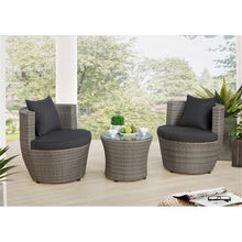 All-Weather Wicker 2-Person Outdoor Patio Conversation Set - Gray Resin Wicker, 100% Aluminum Frame, with Two Round Chairs & 18 in. H Glass Top Table - Water-Resistant Cushions