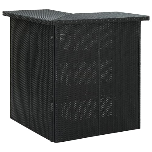 Benzara Outdoor Corner Bar Table, 3 Shelves, Black Rattan and Steel, 41 Inch
