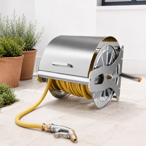 Portable Garden Hose Reel Station, 304 Stainless Steel Drum with Manual Crank and Carry Handle, Wall or Floor Mount, Inlet Line and Spray Nozzle Included 40m