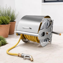 Portable Garden Hose Reel Station, 304 Stainless Steel Drum with Manual Crank and Carry Handle, Wall or Floor Mount, Inlet Line and Spray Nozzle Included 40m