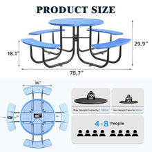 Hassyee Outdoor Blue Round Picnic Table with Build-in Benches and Umbrella Hole for Poolside, Backyard, Patio Furniture Set with Steel Legs and Safe Arc Corners for Garden