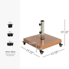 Square Outdoor Umbrella Base with Wheels.Concrete-Filled Iron Design with Wood Grain Finish & Adjustable Stainless Steel Post.Stable Support for Patio,Garden & Poolside.32mm-48mm Pole Compatibility