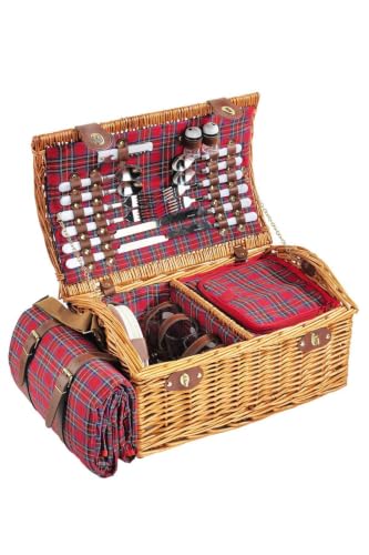 Handmade Wicker Picnic Basket Set for 4 People with Plaid Pattern, Wood, Insulated Compartment, Includes Cutlery, Plates, Glasses, and Water-Resistant Blanket - Brown and Red