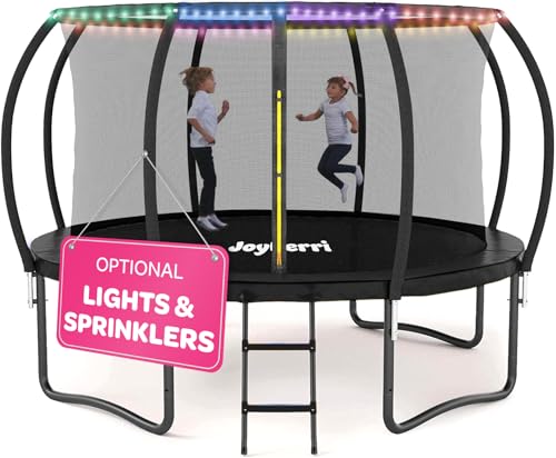 JOYBERRI Trampoline with Net Black - 8Ft to 14Ft, Bonus Sprinkler & LED Lights, ASTM Certified