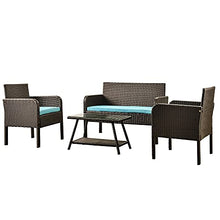 DUYHBAWRS 4 Pcs Patio Furniture Set Outdoor Rattan Sofa Seating Group Include 1 2 Chair Coffee Table Beige/Blue Cushions(D)