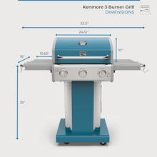 Kenmore 3-Burner Propane BBQ Grill, 30,000 BTUs Gas Grill with Cast Iron Cooking Grates, Folding Side Tables & Wheels, Outdoor Grill with Tool Hooks, Teal
