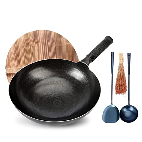 Chinese Hand Hammered Iron Woks, Non-Stick Pot Round Bottom Woks & Set with Wooden Lid & Cookwares for Both Indoor Outdoor Cooking,34cm,36cm
