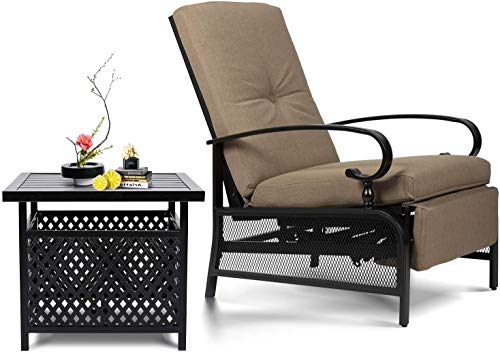 Skiway Outdoor Patio Recliner with Hand-Woven Wicker, Rust-Resistant Frames and Small Side Table Set of 2(Brown), 1 seat