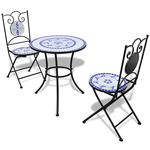 JKSVTF 3 Piece Bistro Set Ceramic Tile Blue and White, Garden Table and Chairs, Garden Chairs Set, Patio Set, Outdoor Table and Chairs