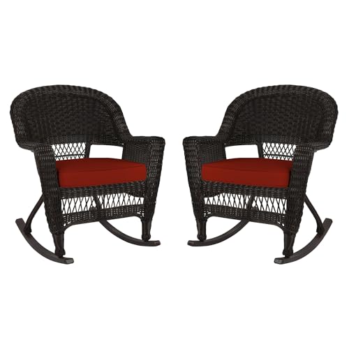 Jeco Rocker Wicker Chair with Red Cushion, Set of 2, Espresso