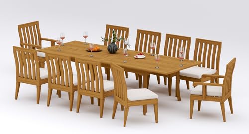 TeakFurnitureOutlet A-Grade Teak 11pc Dining 118" Rectangle Table Caranas Chair Set Outdoor Patio