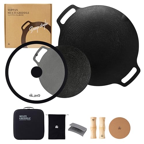 Honke JHQ Multi-Griddle Iron Plate, Deep 11.4 inches (29 cm), Flat Type, 7.5 inches (19 cm), Set of 2 Main Units (Storage Hard Case, Wooden Grip, Cork, Storage Case, Gray Mittens) + Lid, Genuine