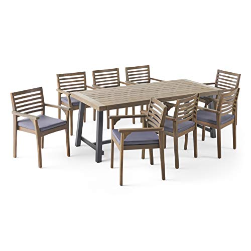 Christopher Knight Home Atlantic Outdoor Acacia Wood and Iron 9 Piece Dining Set Gray Black Dark Gray