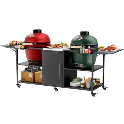 Outdoor Grill Table for Double Big Green Egg, Metal Grill Cart with Storage