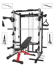 EonfitOmni Smith Machine Squat Rack Cable Crossover Pulley System Home Gym Equipment Black with Red Bench