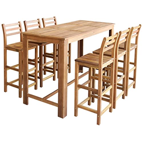HKLGBVCR Solid Acacia Wood Bar Table and Chair Set 7 Pieces, Rustic Design for Home Bar Cafe, Sturdy and W with Footrest and Backrest