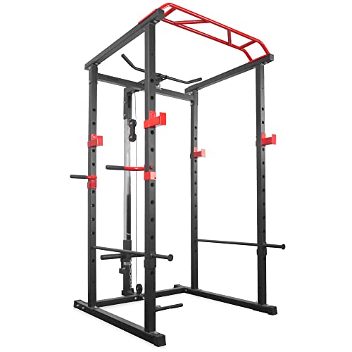 IFAST Power Cage 1000-Pound Capacity Olympic Squat Cage Power Rack with LAT Pull-Down Attachment, Red