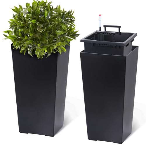 Merxent 22.4 Inch Tall Planter Set of 2, Indoor ＆ Outdoor Black Taper Planter with Shelf Insert, Self-Absorbing Plastic Flower Pots, Large Resin Plant Pots for Outdoor Plants and Front Porch Decor