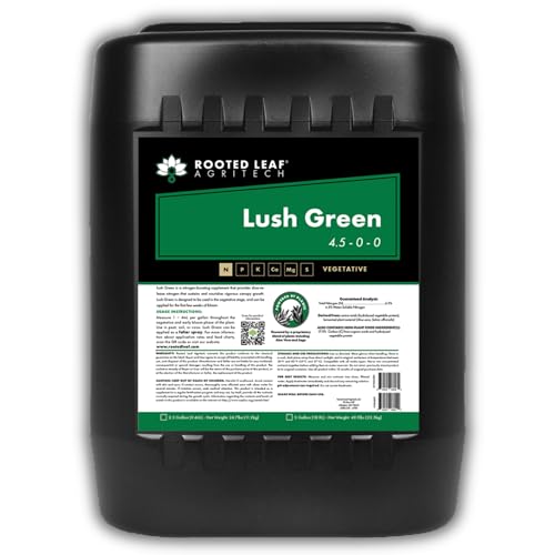 Rooted Leaf Agritech Lush Green - Carbon Based Nitrogen Fertilizer with Potassium, Nitrate Free Liquid Spray Feed nutrients for Garden Plants lawns Grass Turf sod - 5 Gallon