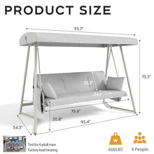 KEIKI 3-Seat Patio Swing with Canopy, Convertible Outdoor Porch Swing Chair with Thick Cushions, 3-in-1 Heavy-Duty Steel Frame Swing Bench for Patio Garden Backyard, Champagne White
