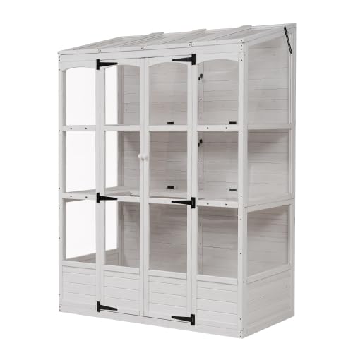78" Walk-in Wooden Greenhouse Cold Frame with 4 Independent Skylights & 2 Folding Shelves, Outdoor Plant Growing House for Backyard or Patio (White)