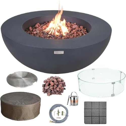 Elementi Lunar Bowl Cast Concrete Fire Table Bundle, Outdoor Fire Pit Fire Table Patio Furniture, Dark Gray (Natural Gas)