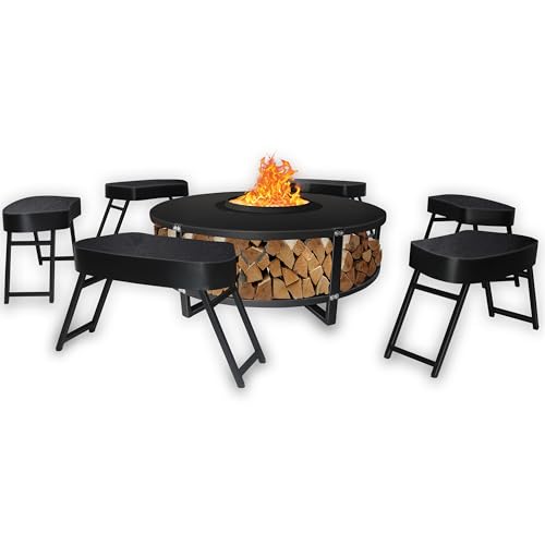 FEBTECH - 21.6'' Smokeless Firepit with Tabletop, Chairs, and Storage Shelf