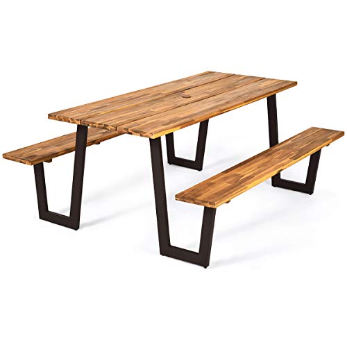 GIANTEX Picnic Table Bench Set with Umbrella Hole, Outdoor Dining Table Set, 70'' Acacia Wood Picnic Beer Table with Metal Frame Patented