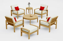 WholesaleTeakFurniture Madras 7 Piece Teak Wood Lounge Chair Set: 4 Lounge Chairs, Ottoman, Round Coffee Table & Round Side Table with Cushions in Outdoor Sunbrella Fabric #5404 Canvas Natural