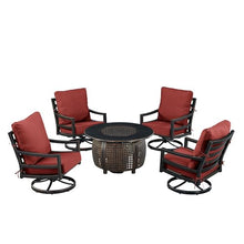 Oakland Living Black Aluminum Patio Fire Table Set with Four Club Chairs and Red Cushions