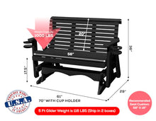5 FT Black Amish-Made Porch Glider – 1000 lb Heavy-Duty Poly Lumber wood Roll Back Glider – USA Crafted HDPE Outdoor Seating Furniture - Stainless Steel Hardware – Smooth, Quiet Glide - CupHolders
