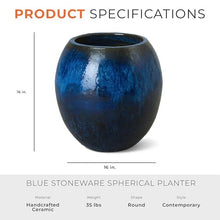 Emissary Home and Garden 16in. L x 16in. H Blue Stoneware Spherical Planter with High-fire Treatment (Set of 1)