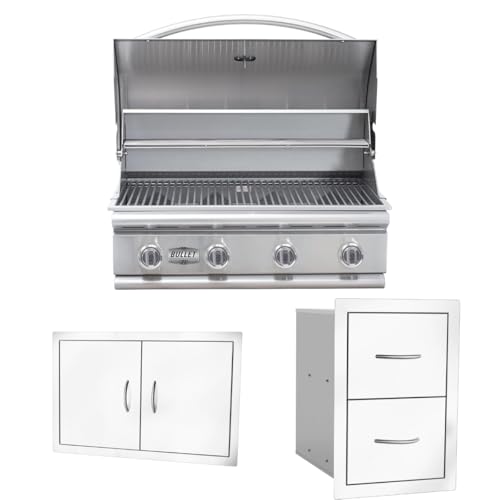 Bullet by Bull Stainless Steel Outdoor - Built-In Natural Gas Grill -Outdoor Kitchen Island Bundle - Includes 4 Burner BBQ, Double Access Door & Double Storage Drawer