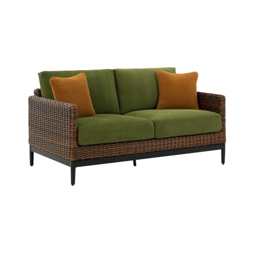 Signature Design by Ashley Horizon Hall Casual Outdoor Loveseat with Cushion, UV-Resistant Nuvella Fabric, Resin Wicker & Aluminum Frame, Ideal for Deck or Lanai Furniture, Green & Dark Brown